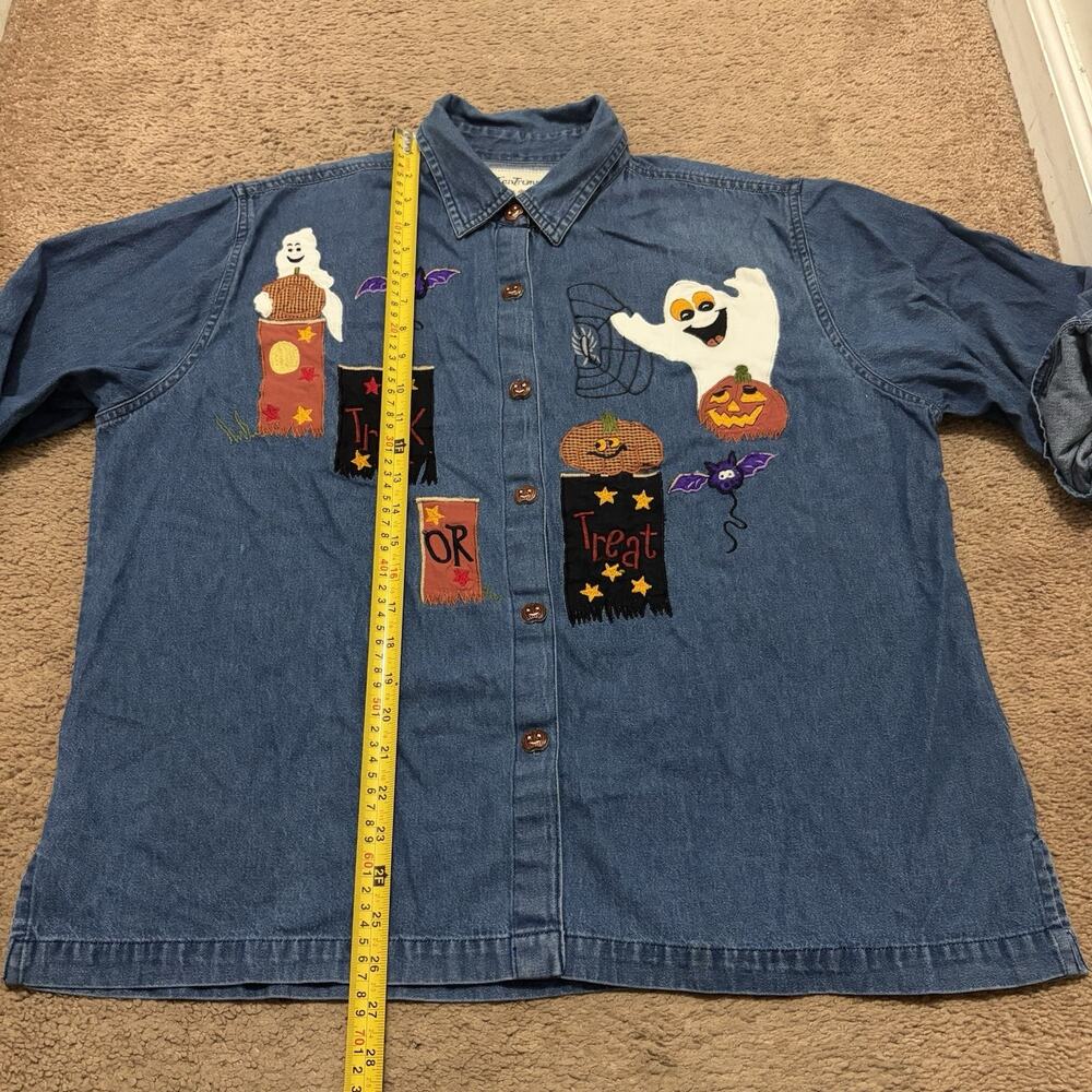 Tantrums Halloween Denim 3/4 Sleeve Size 2X Trick Or Treat Ghosts Vintage - Picture 5 of 8